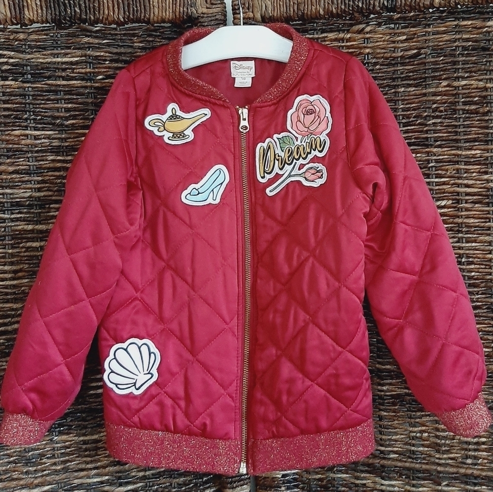 Disney Tutu Couture Bomber Jacket Girl's 7/8 Pink Quilted Coat Princess Patches